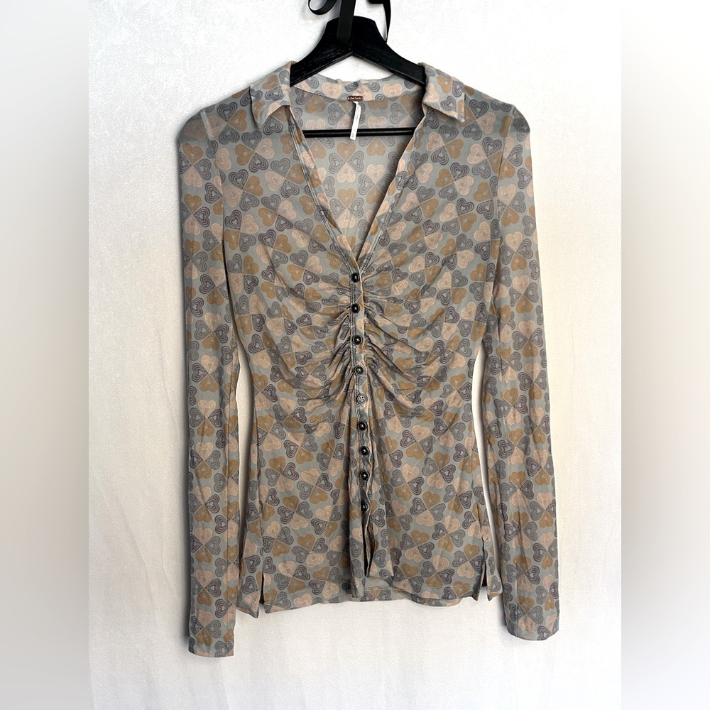 Free People Mesh Rouched Long Sleeve Button Down Blouse Top Heart Print XS - Picture 1 of 7